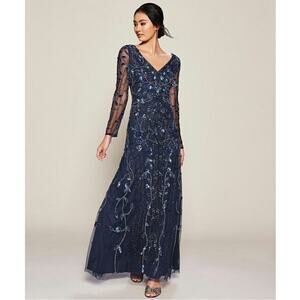 Aidan Mattox Sequined Beaded Long Sleeve Gown Navy Size 10